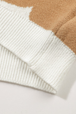 Khaki 60s Floral Pattern Ribbed Trim Pullover Sweater