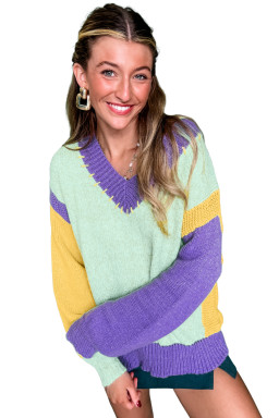 Green Stitched V Neck Colorblock Knitted Drop Shoulder Sweater