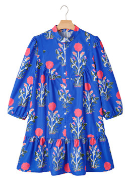 Blue Floral Print Button Front 3/4 Puff Sleeve Ruffle Hem Dress