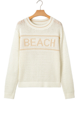 White BEACH Hollow Out Knitted Lightweight Dolman Sweater