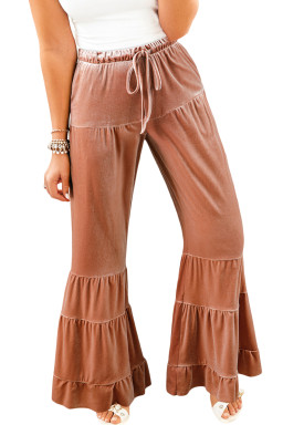 Straw Yellow Mineral Wash Lace-up High Waist Tiered Flared Pants