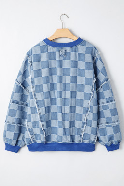 Sky Blue Checkerboard Splicing Raw Detail Oversized Denim Pullover