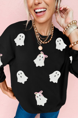 Black Cute Bow Ghost Sequins Patch Graphic Crew Neck Halloween Sweatshirt