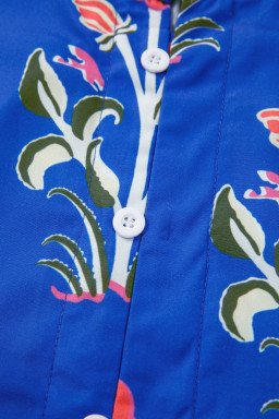 Blue Floral Print Button Front 3/4 Puff Sleeve Ruffle Hem Dress