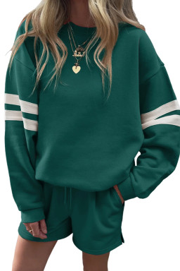 Evergreen Varsity Striped Sleeve Drop Shoulder Sweatshirt and Shorts Set