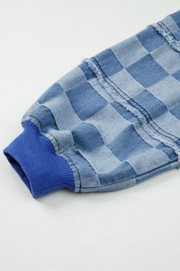 Sky Blue Checkerboard Splicing Raw Detail Oversized Denim Pullover
