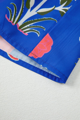 Blue Floral Print Button Front 3/4 Puff Sleeve Ruffle Hem Dress