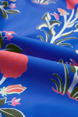 Blue Floral Print Button Front 3/4 Puff Sleeve Ruffle Hem Dress