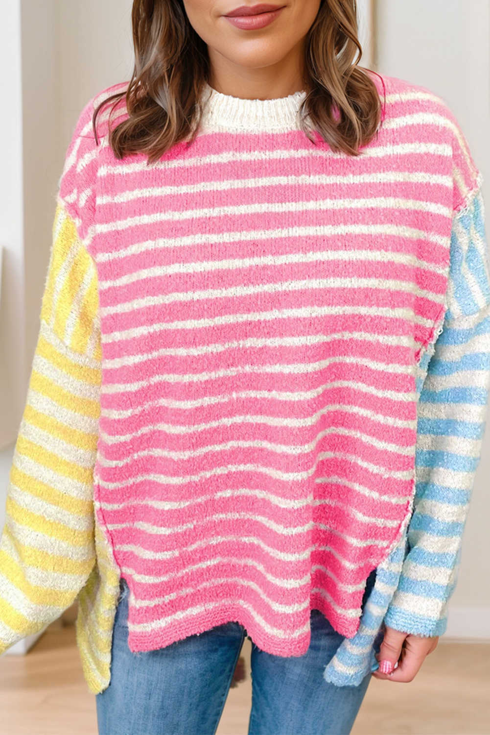 Jersei de talla gran amb costures exposades i blocs de color a ratlles multicolors