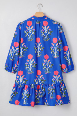 Blue Floral Print Button Front 3/4 Puff Sleeve Ruffle Hem Dress