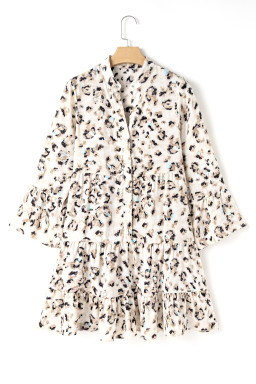 Khaki Leopard Button V Neck Pocket Flowy Mini Dress