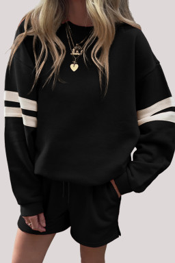 Black Varsity Striped Sleeve Drop Shoulder Sweatshirt and Shorts Set