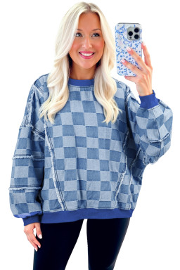 Sky Blue Checkerboard Splicing Raw Detail Oversized Denim Pullover
