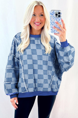 Sky Blue Checkerboard Splicing Raw Detail Oversized Denim Pullover