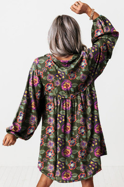 Green Floral Print Split Neck Bubble Sleeve Mini Dress