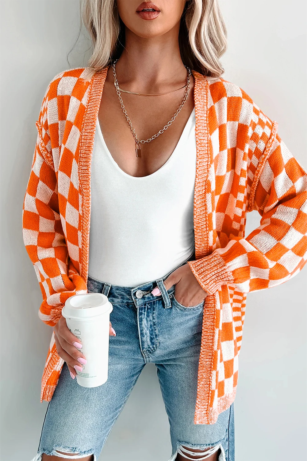 Double Take Checkered Open Front Dropped Shoulder Cardigan main image 0