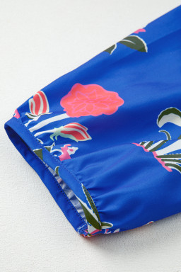 Blue Floral Print Button Front 3/4 Puff Sleeve Ruffle Hem Dress