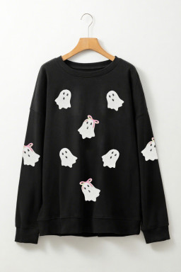 Black Cute Bow Ghost Sequins Patch Graphic Crew Neck Halloween Sweatshirt