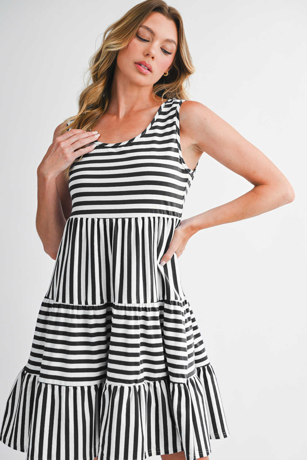 Black Stripe U Neck Sleeveless Loose Fit Mini Dress