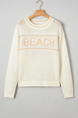 White BEACH Hollow Out Knitted Lightweight Dolman Sweater