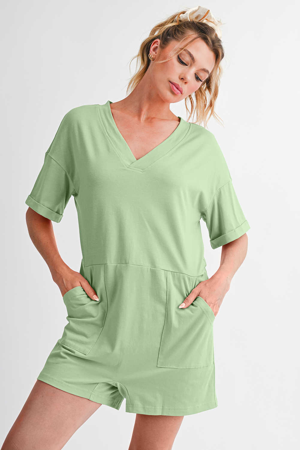Grass Green Loose Half Sleeve V Neck Plain Romper