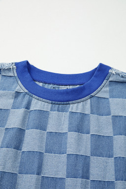 Sky Blue Checkerboard Splicing Raw Detail Oversized Denim Pullover