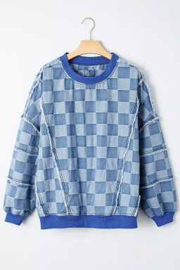 Sky Blue Checkerboard Splicing Raw Detail Oversized Denim Pullover