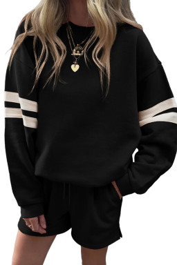 Black Varsity Striped Sleeve Drop Shoulder Sweatshirt and Shorts Set