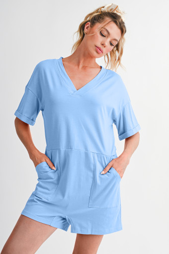 Myosotis Loose Half Sleeve V Neck Plain Romper