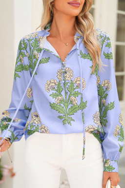 Sky Blue Floral Print V Neck Bubble Sleeve Blouse