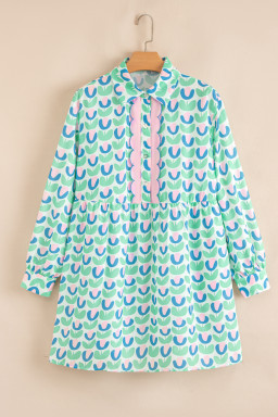 Green Floral Print Scallop Trim Pocket Mini Dress