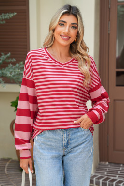 Strawberry Pink Striped V Neck Drop Sleeve Top