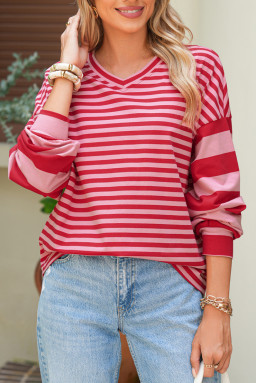 Strawberry Pink Striped V Neck Drop Sleeve Top
