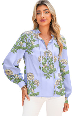 Sky Blue Floral Print V Neck Bubble Sleeve Blouse
