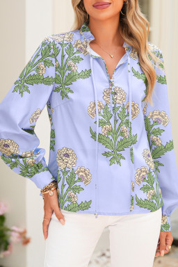 Sky Blue Floral Print V Neck Bubble Sleeve Blouse