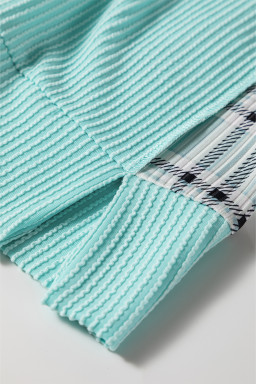 Aruba Blue Corded Texture Plaid Patchwork Split Neck Long Sleeve Top