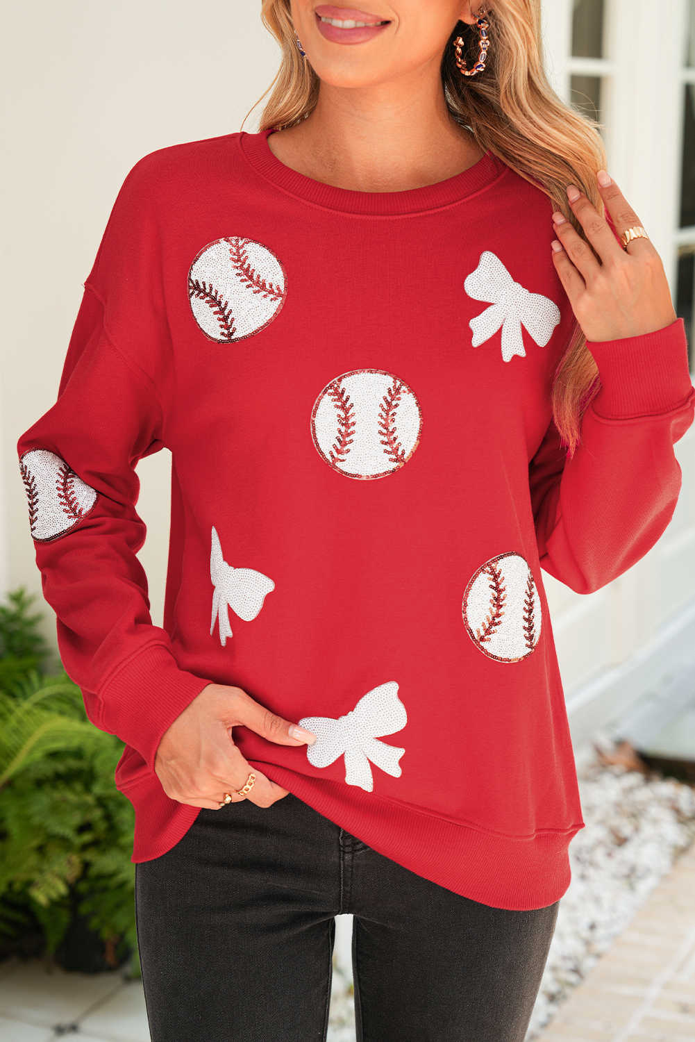 Red Bow and Baseball Sequins Patch Graphic Game Day Fashion Sweatshirt