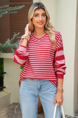 Strawberry Pink Striped V Neck Drop Sleeve Top