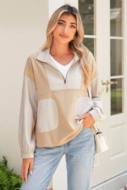 Smoke Gray Striped Patchwork Zip Collar Long Sleeve Top