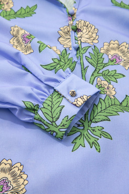 Sky Blue Floral Print V Neck Bubble Sleeve Blouse