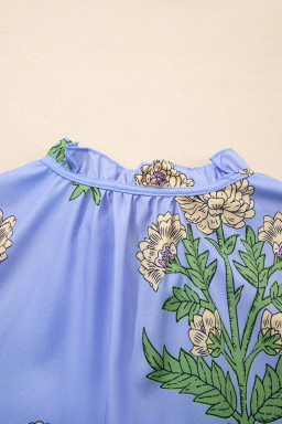 Sky Blue Floral Print V Neck Bubble Sleeve Blouse