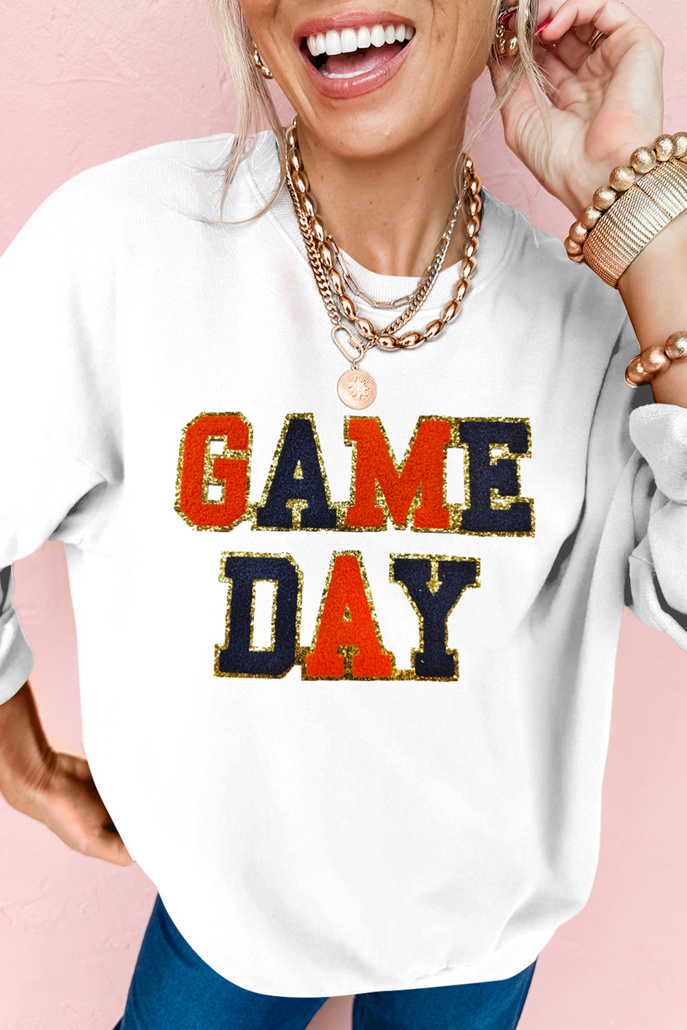 White Chenille GAME DAY Letter Terry Flocking Round Neck Sweatshirt
