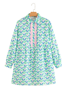 Green Floral Print Scallop Trim Pocket Mini Dress