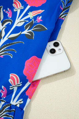 Sky Blue Floral Print Pop of Color V Neck Mini Dress