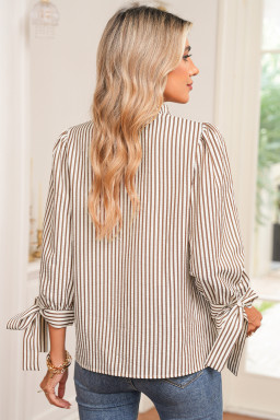 Straw Yellow Striped Frill V Neck Knot Bracelet Sleeve Blouse