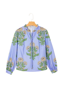 Sky Blue Floral Print V Neck Bubble Sleeve Blouse