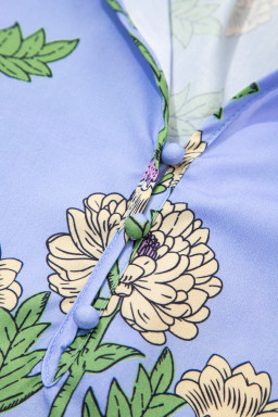 Sky Blue Floral Print V Neck Bubble Sleeve Blouse