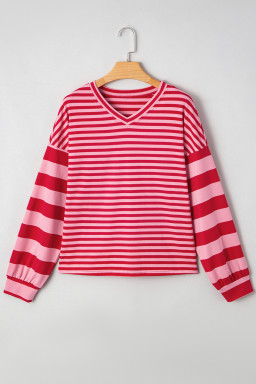 Strawberry Pink Striped V Neck Drop Sleeve Top
