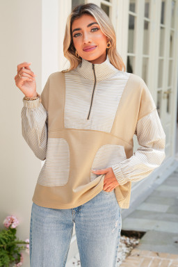 Smoke Gray Striped Patchwork Zip Collar Long Sleeve Top