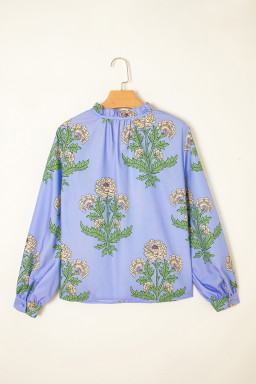 Sky Blue Floral Print V Neck Bubble Sleeve Blouse
